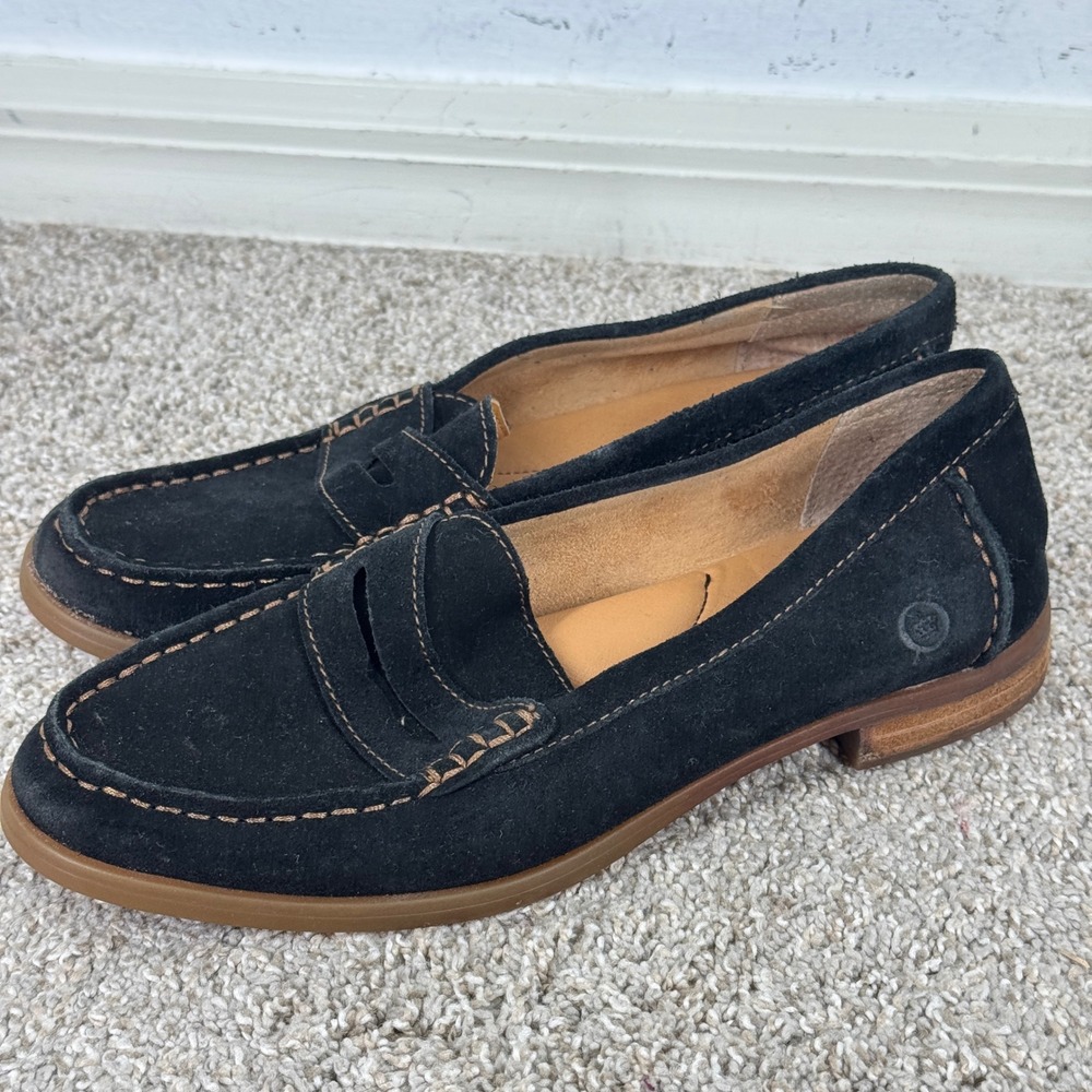 Born Nerina Black Suede Penny Loafers Women 7M Leather Slip On Minimalist Casual